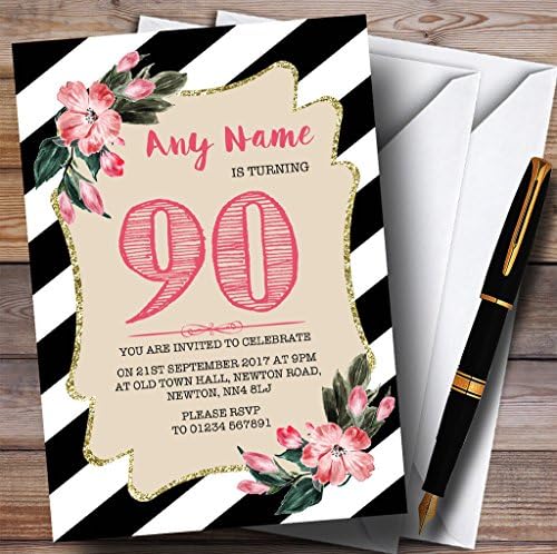 Flor rosa listrada preta e branca 90º convites de festa de aniversário personalizados