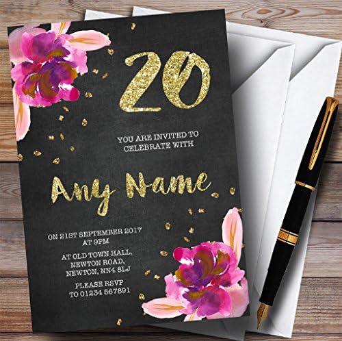 Chalk Gold Confetti Pink Flowers 20th Personalized Birthday Party convites