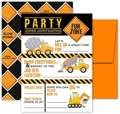 Pink Pixie Studio Deluxe Construção Dump Truck Birthday Party Party para meninos, 20 lados de 5 x 7 preenchem convites com envelopes