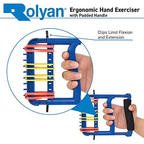 Exercitador de mão ergonômica rolyan com alça acolchoada, ferramenta de aperto ajustável, 4 pares de elásticos para resistência