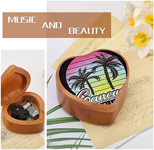 Cancun Summertime Vintage Palm Tree Tree Music Box Heart Shapes Windup Music Box Vintage Wooden Clockwork Caixa Musical