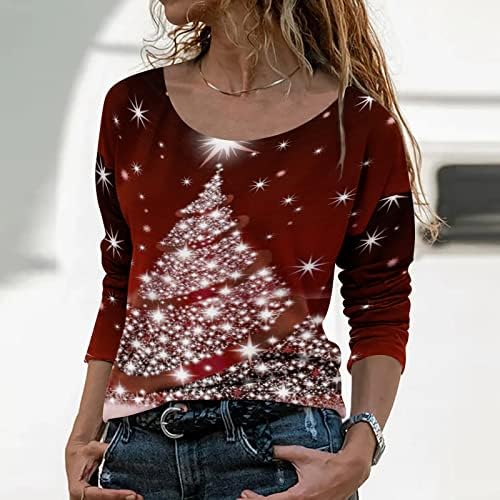T-shirt de Natal feminina Blusa gráfica brilhante Casual 3/4 de manga longa o pescoço camisas de pulôver de moda de pescoço