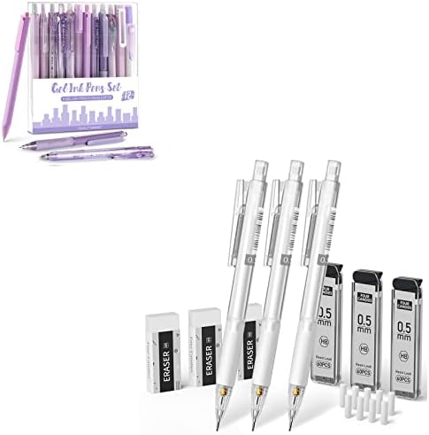 Four Candies 12pack Pastel Gel Ink Pen Set + Lápis mecânico com estojo - 3pcs 0,5 mm Lápis mecânicos transparentes