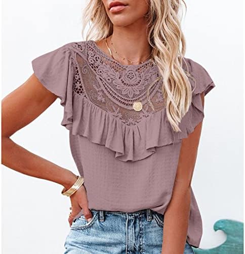 Tampas elegantes para mulheres Crew Crew Lace Crochet Camisetas curtas Camisas Casual Casual Blusa Flowy Tshirt