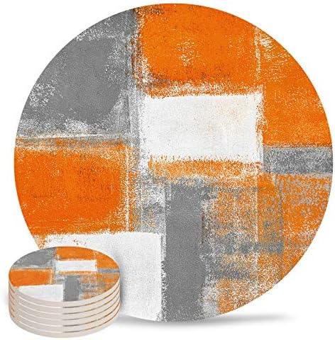 Coasters para bebidas Conjunto de 6, laranja cinza branco abstrato geometria de geometria de graffiti copo cerâmica