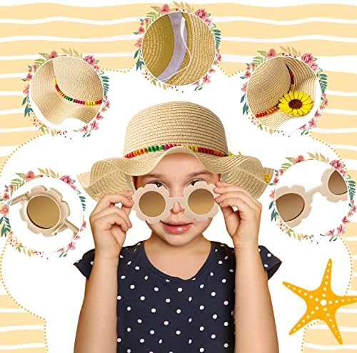 FOAINCORE 6 Pacote Kids Summer Straw Hat for Girls Round Flower Sunglasses Chapéu Fluppy com óculos de sol de girassol