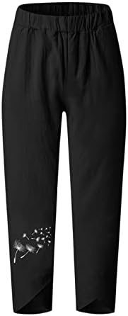 Capri de verão feminino Capri-Pants de leão de leão linho de algodão solto de sola de sola elástica de perna larga de pernas largas