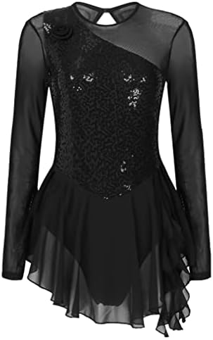 Vestido de patinação gelo feminina para mulheres brindes de manga comprida shiny shiny roller patinamento de dança lírica de dança preta um meio