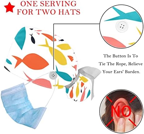 2 Pacote de tampas de trabalho com botão, Bananas Stripes Pattern Bouffant Scrub Hats Women Long Hair