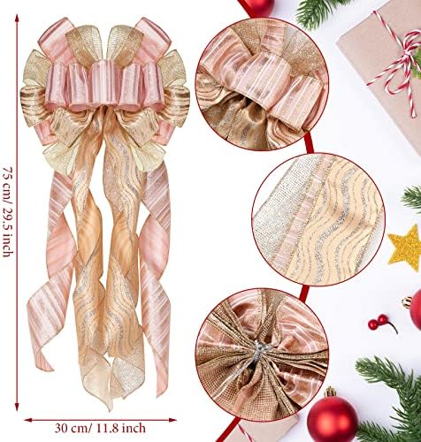 DinGion 37 peças Conjunto de ornamentos de árvore de ouro rosa de Natal, chapéu de arco decorativo de Natal 12 Flores de glitter Decorações 12 Plástico Xmas Snowflake Ornamentos de gelo definido para decoração de festas de férias