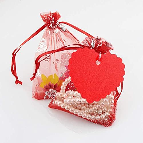 AuseJopeac 50 peças Sacos de doces de coração Valentim Love Organza Jóias Bolsa de bolsas e 50 peças Tags de papel Kraft para o Dia dos Namorados, embalagens de jóias, festa de casamento, 9 x 12 cm