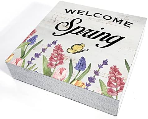 Bem -vindo ao Spring Wood Box sinal decoração de casa rústica placa floral de madeira placa de placa de placa para a parede de mesa
