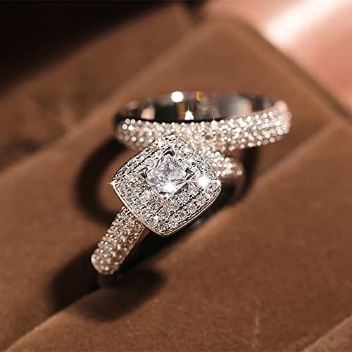 2pcs Conjunto de casal Princess Square Diamond Ring Ring Fashion Luxury noivado Jóias de casamento para mulheres Ring