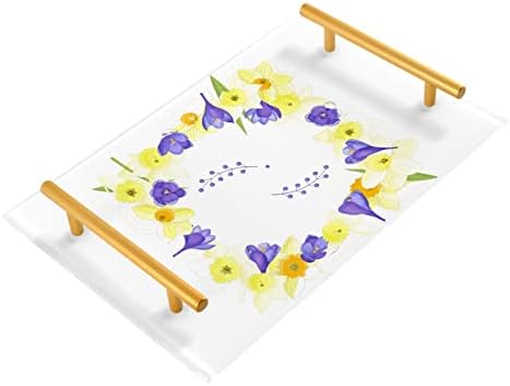 Bandeja de banheiro acrílico de Dallonan, flores retangulares de mola amarelo e flores roxas_1359040301 bandejas decorativas com alças