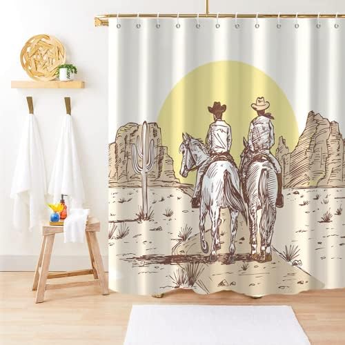 Cortina de chuveiro ocidental Gkleasg, cowboy bege country cactus máquina lavável tecido à prova d'água para decoração de banheira com ganchos 72 x72