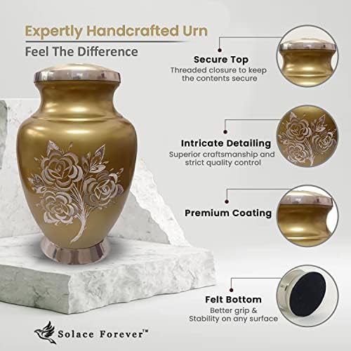 Golden Rose Urn for Human Ashes Adult Grande - Capacidade: 200 polegadas cúbicas - Altura: 10 - Urnas de cremação com bolsa