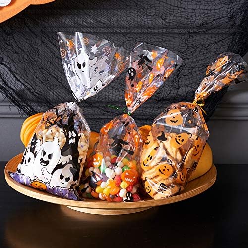 Sacos de tratamento de celofane de Hallofano CCINEE, 150pcs Halloween plástico sacos de doces transparentes com reviravoltas
