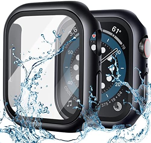[2 pacote] Caso à prova d'água lamicall para a série de relógios Apple 8 45mm, série 7 45 mm - Apple Water Proof Apple Watch Face Capa, 9H HD Protetor de tela de vidro temperado + pára -choque de proteção completo para iwatch/preto