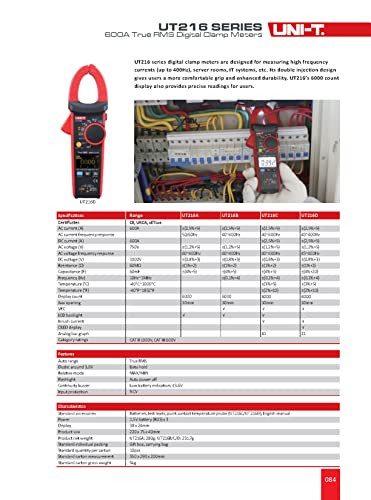 Uni-t ut216b ut216c 600a medidor de grampo digital true rms vfc ac dc purto de corrente de corrente o motor de alimentação