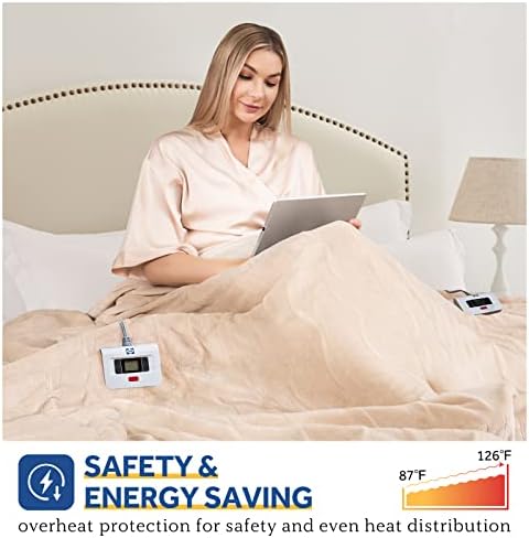Sealy Eleal Electric Blanket King Size, cobertor aquecido de flanela com 10 níveis de aquecimento e 1-12 horas de desligamento automático, aquecimento rápido do cobertor quente, lavável máquina, bege, 100 x 90 polegadas