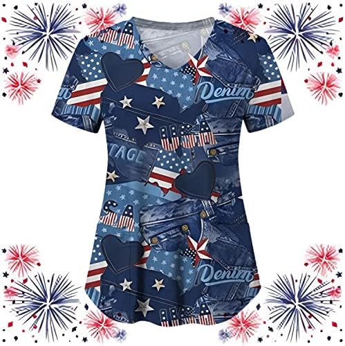 4 de julho camisetas para mulheres bandeira dos EUA Camisetas de manga curta de verão V com 2 bolsos Blush Top Holiday Casual Workwear