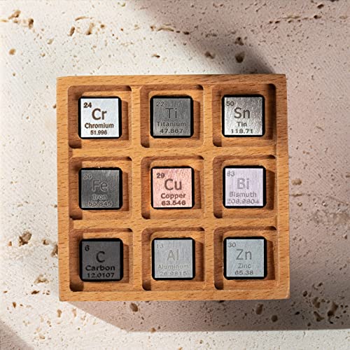 9 peças elemento cubo de cubos de cubos de 0,39 ”cubos de densidade para educação científica 99,99% Coleção de cubos de metal puro inclui zinco, cobre, bismuto, titânio, alumínio, ferro, carbono, lata e cromo