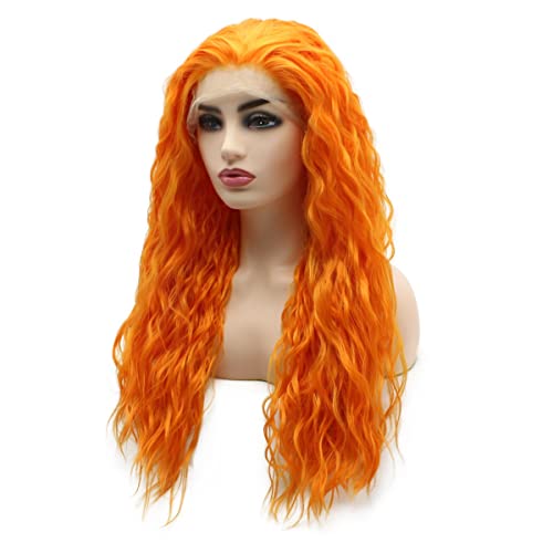 Peakia long curly laranja laranja natural meia mão amarrada em renda sintética peruca