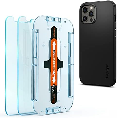 Protetor de tela de vidro temperado com Spigen [GLASTR EZ FIT] 2 PACK E CASA DE FIXA FINO Projetada para iPhone 12 Pro Max
