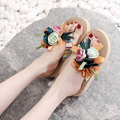 Mulheres chinelas de flores sandálias em casa Sapatos de praia de chinelos respiráveis ​​planos tecem sandálias externas para mulheres sandálias de slide feminino