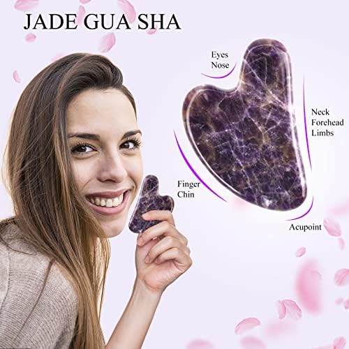 Ideayard gua sha ferramenta facial e conjunto de rolos de jade feito de ametista, ferramenta de massagem com rolos de face de flores para rugas e relaxamento muscular, alívio drenagem linfática
