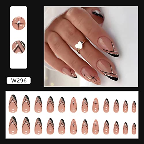 24pcs de ponta francesa média longa prenda nas unhas em forma de amêndoa rosa preto preto unhas falsas design de brilho decorações