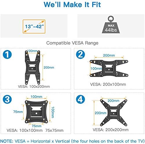 Pipell Full Motion TV Montagem de parede para a maioria das TVs e monitora de 13 a 42 polegadas até 44lbs Max Vesa 200x200mm, Pipishell TV Mount ou a maioria das TVs de 13 a 30 polegadas até VESA 100x100mm