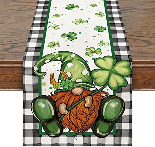 Siilues Spring Table Runner, Gnome Funny Gnome São Patrício Decoraions Green Shamrock Decorações de mesa de férias sazonal