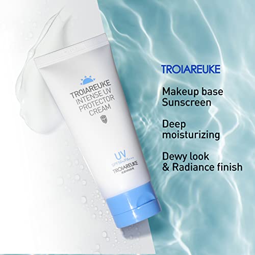 TroiaReuke Intense UV Protector Cream, SPF 50+/Pa +++, protetor solar mineral e químico hidratante com peptídeos para pele seca,