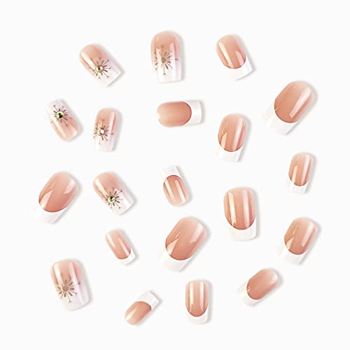 Yosomk French Tip Square Press em unhas curtas Falsas unhas com design de flores capa brilhante Galsa unhas falsas bastão de acrílico nu em unhas para mulheres