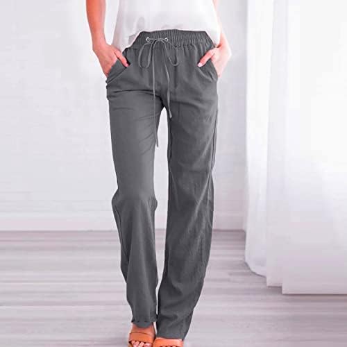 Calças de linho de algodão calças casuais de verão com bolsos soltos de cordão solto de cintura alta de cintura alta confortável