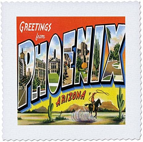 3drose qs_160716_2 Saudações de Phoenix Arizona com Cowboy em um cavalo com um laço e cenas da Quilt Square, 6 por 6 polegadas
