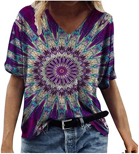 Tops florais femininos Casual V Camiseta de manga curta solta Túmulos de verão tops de impressão gráfica retrô Loungewear