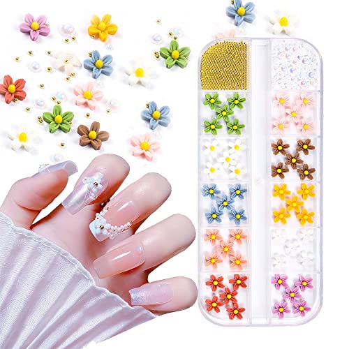 3D Flor Unha Charms para pregos de acrílico 12 grades 3d Daisy Flor Unh Nail Strassne colorido suprimentos de arte de unhas de acrílico com pérolas 3D Dicas de manicure floral para mulheres e meninas Decorações de unhas salão diy