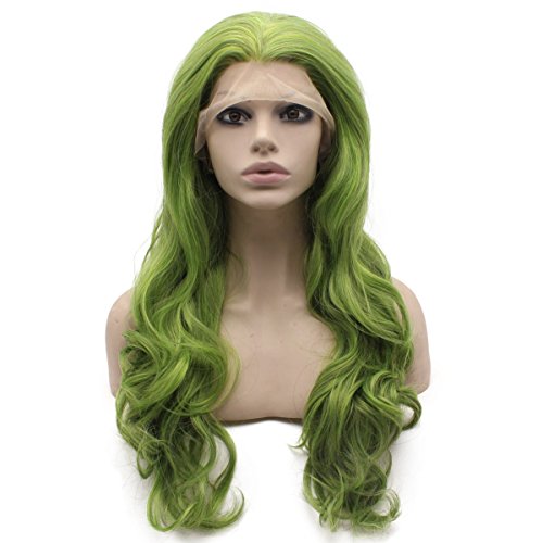 MX Angel Long Wavy Hand amarrado Swiss Lace Front Green peruca sintética