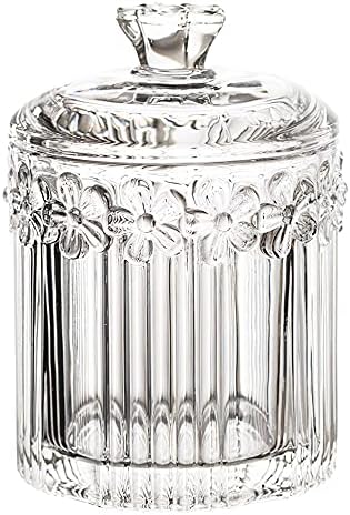 Crystal Glass Relief Flower Candy Dish Swab Box Storage Jar com tampa