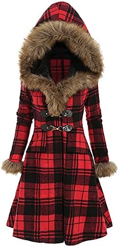 Jaqueta de manga longa da moda de inverno Ladies Tunic Park Tweed Plaid Capuzes Capuz Hide Belly With Buttons confortável