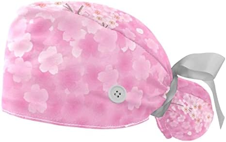 2PCS Cap de trabalho ajustável feminino com botões e banda de suor Florals rosa Florals Tree Spring Spring Spring