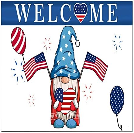Placa de madeira da bandeira dos EUA, Dia da Independência Gnome Patriótico Balão Balão Bem -vindo a Sinais de Madeira Impressa 16 X 16 Placa de Madeira Farmhouse Função