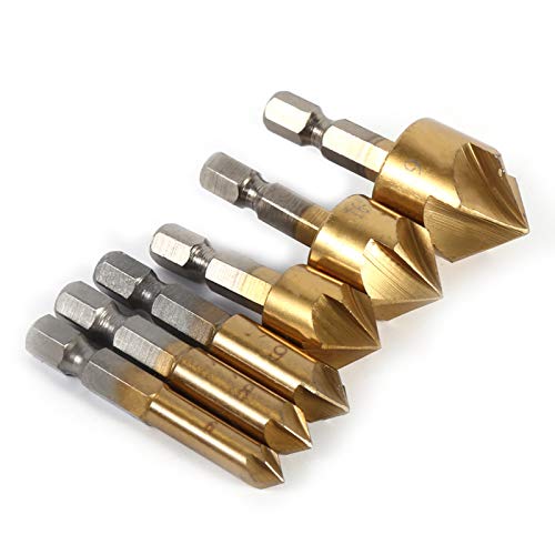 Shexton Chanfer Drill Bit, 6pcs HSS Champal Countersink 1/4 HEX Shank 90 graus Cutter de chanfro de madeira 6mm-19mm