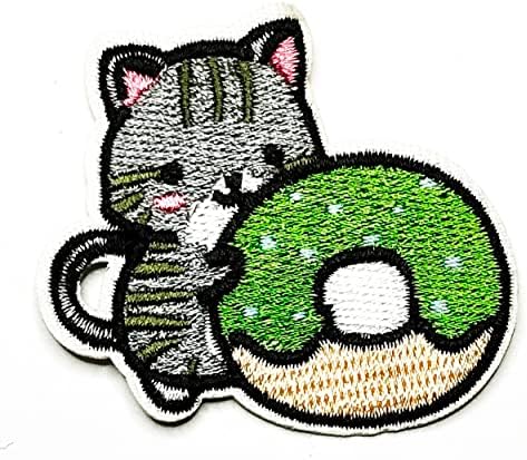 Rareasy Patch Set 2 Pcs. Gatinho de gato com donuts verde patches de desenhos animados Appliques bordados costurar em manchas
