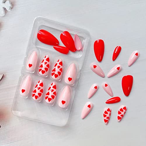 24 PCs Coração Pressione Na unhas Médias pregos falsos capa completa corações vermelhos cola nas unhas acrílico vermelho em