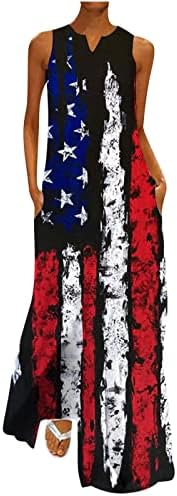 Vestido do Dia da Independência para Mulheres V Maninho Americano da Bandeira Americana Maxi vestidos casuais de praia com bolsos