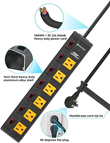 CRST 6 Tiras de energia para serviço pesado com interruptores individuais, 15a/1875W Metal Power Strip Surge Protector com