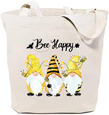 Gxvuis Bee Happy Canvas Tote Bag para mulheres Gnomos fofos Reutilizável Mercearia de mercearia de viagem Girls Girls Funny Gifts